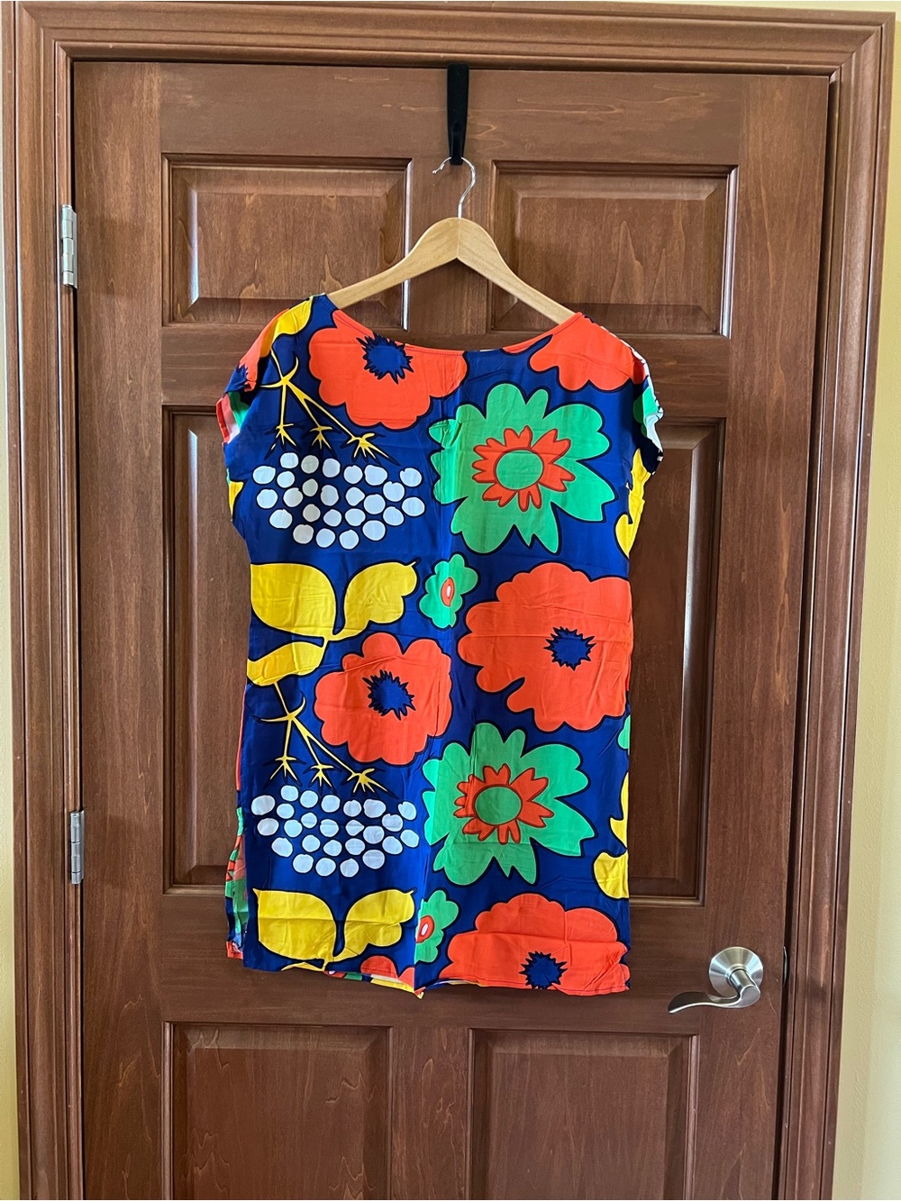 Marimekko Dress Short Caftan Kukkatori Print Blue Green Coral Size M